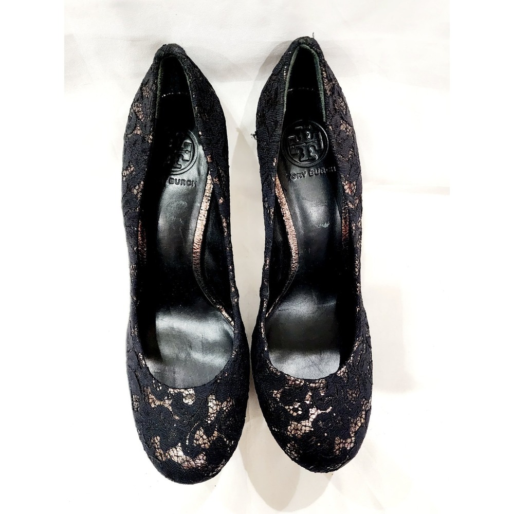 Tory Burch BLACK FABRIC LACE Mesh Silver Leather Stiletto Heel Pump High 9.5 New - Picture 4 of 16